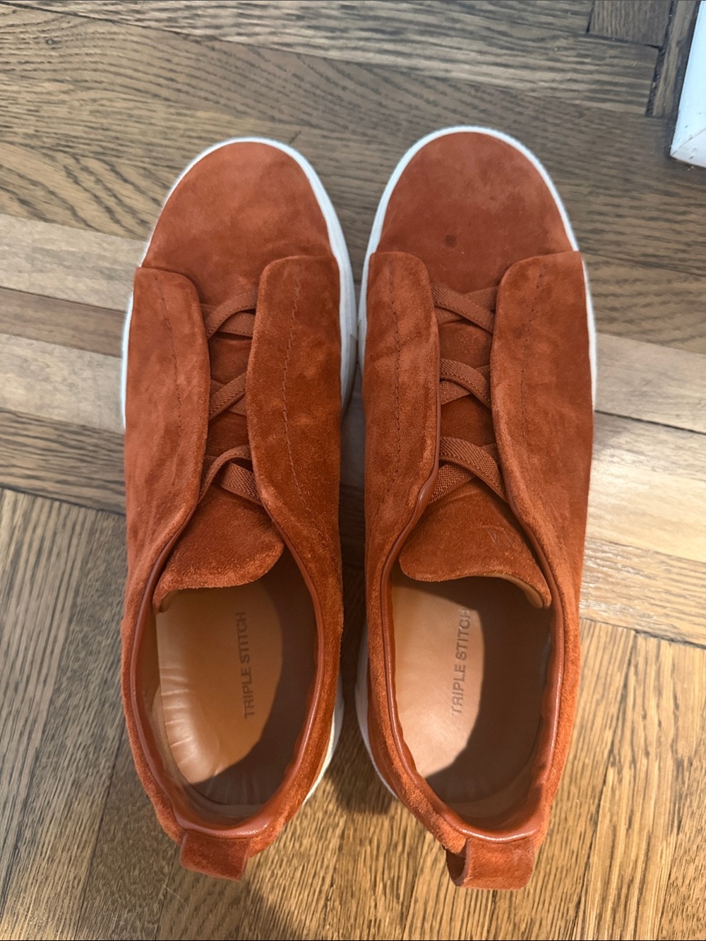 Zegna Triple Stitch Men's Suede Low-Top Sneakers in Rust Orange